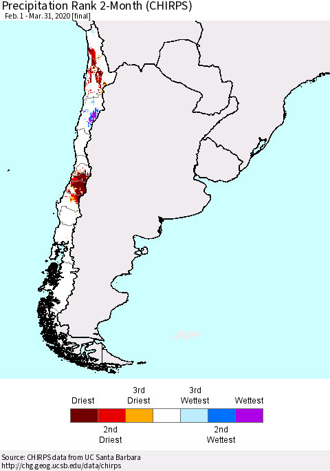 Chile Precipitation Rank since 1981, 2-Month (CHIRPS) Thematic Map For 2/1/2020 - 3/31/2020