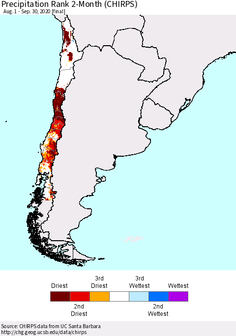Chile Precipitation Rank since 1981, 2-Month (CHIRPS) Thematic Map For 8/1/2020 - 9/30/2020
