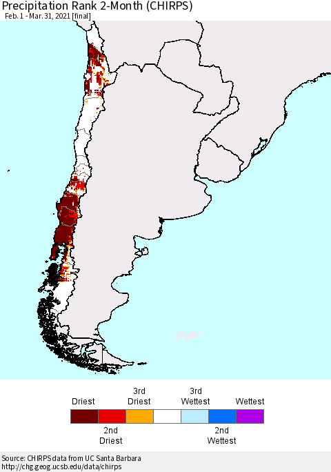 Chile Precipitation Rank since 1981, 2-Month (CHIRPS) Thematic Map For 2/1/2021 - 3/31/2021