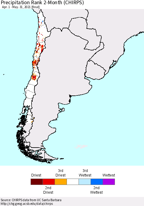 Chile Precipitation Rank 2-Month (CHIRPS) Thematic Map For 4/1/2021 - 5/31/2021