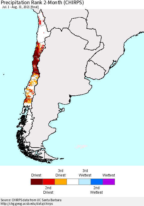 Chile Precipitation Rank 2-Month (CHIRPS) Thematic Map For 7/1/2021 - 8/31/2021