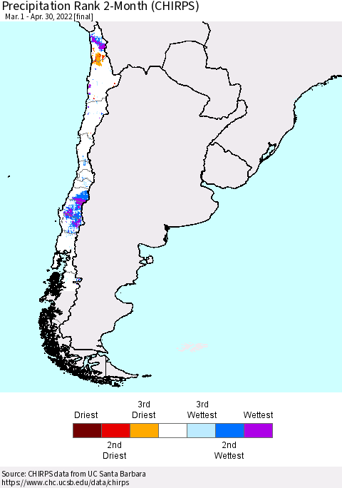 Chile Precipitation Rank since 1981, 2-Month (CHIRPS) Thematic Map For 3/1/2022 - 4/30/2022