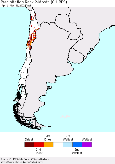 Chile Precipitation Rank since 1981, 2-Month (CHIRPS) Thematic Map For 4/1/2022 - 5/31/2022