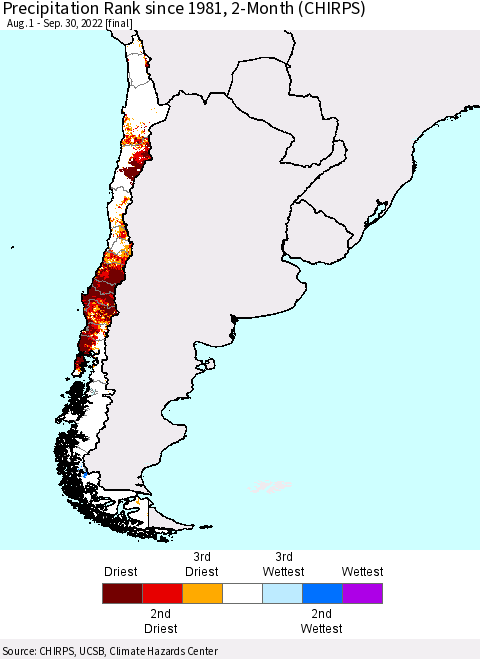 Chile Precipitation Rank since 1981, 2-Month (CHIRPS) Thematic Map For 8/1/2022 - 9/30/2022