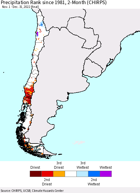 Chile Precipitation Rank since 1981, 2-Month (CHIRPS) Thematic Map For 11/1/2022 - 12/31/2022