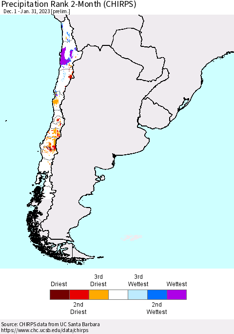 Chile Precipitation Rank 2-Month (CHIRPS) Thematic Map For 12/1/2022 - 1/31/2023