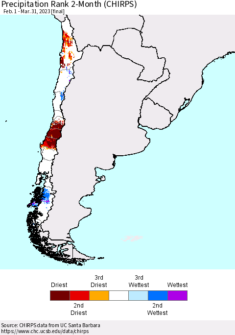 Chile Precipitation Rank since 1981, 2-Month (CHIRPS) Thematic Map For 2/1/2023 - 3/31/2023