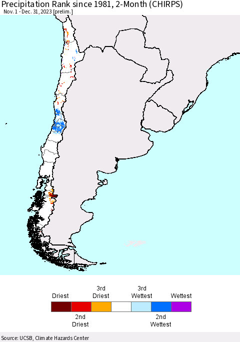 Chile Precipitation Rank since 1981, 2-Month (CHIRPS) Thematic Map For 11/1/2023 - 12/31/2023