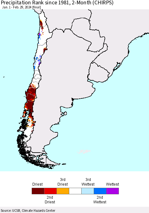 Chile Precipitation Rank since 1981, 2-Month (CHIRPS) Thematic Map For 1/1/2024 - 2/29/2024