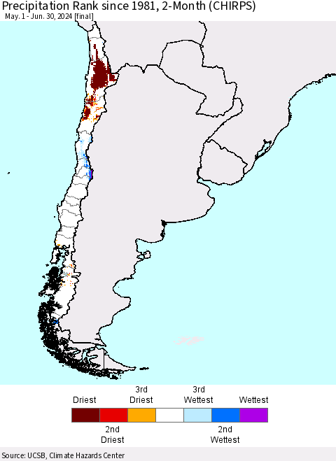 Chile Precipitation Rank since 1981, 2-Month (CHIRPS) Thematic Map For 5/1/2024 - 6/30/2024