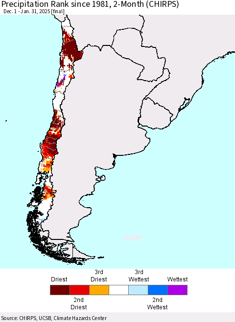 Chile Precipitation Rank since 1981, 2-Month (CHIRPS) Thematic Map For 12/1/2024 - 1/31/2025