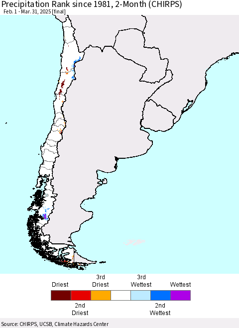 Chile Precipitation Rank since 1981, 2-Month (CHIRPS) Thematic Map For 2/1/2025 - 3/31/2025