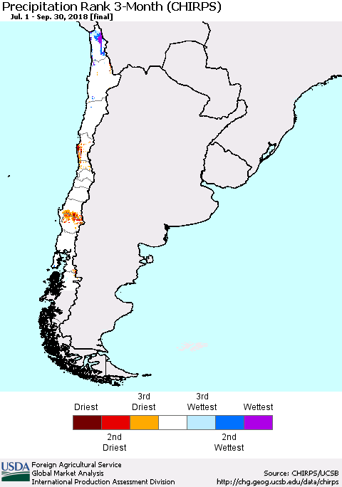 Chile Precipitation Rank since 1981, 3-Month (CHIRPS) Thematic Map For 7/1/2018 - 9/30/2018