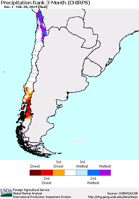 Chile Precipitation Rank since 1981, 3-Month (CHIRPS) Thematic Map For 12/1/2018 - 2/28/2019