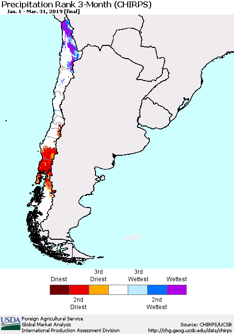 Chile Precipitation Rank since 1981, 3-Month (CHIRPS) Thematic Map For 1/1/2019 - 3/31/2019