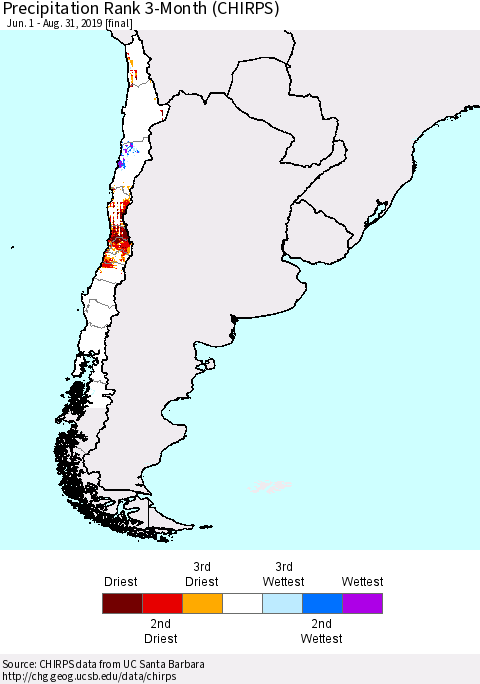 Chile Precipitation Rank since 1981, 3-Month (CHIRPS) Thematic Map For 6/1/2019 - 8/31/2019
