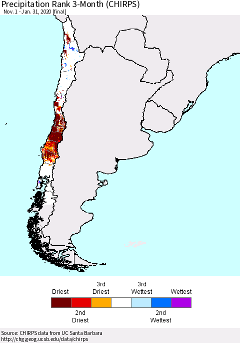 Chile Precipitation Rank since 1981, 3-Month (CHIRPS) Thematic Map For 11/1/2019 - 1/31/2020