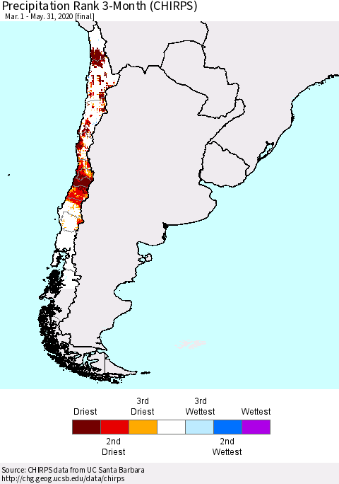 Chile Precipitation Rank 3-Month (CHIRPS) Thematic Map For 3/1/2020 - 5/31/2020