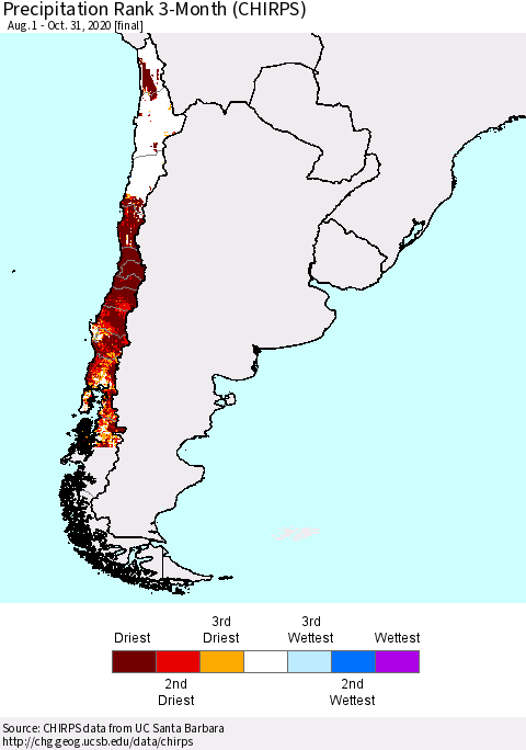 Chile Precipitation Rank since 1981, 3-Month (CHIRPS) Thematic Map For 8/1/2020 - 10/31/2020