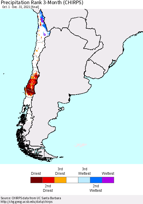 Chile Precipitation Rank since 1981, 3-Month (CHIRPS) Thematic Map For 10/1/2021 - 12/31/2021