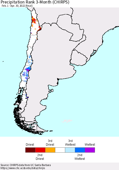 Chile Precipitation Rank since 1981, 3-Month (CHIRPS) Thematic Map For 2/1/2022 - 4/30/2022