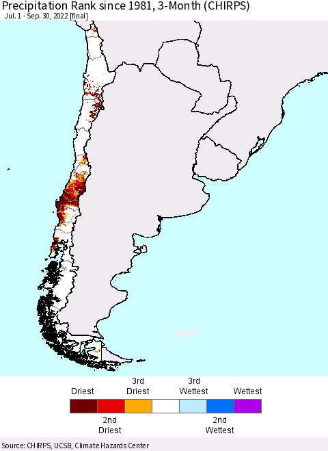Chile Precipitation Rank since 1981, 3-Month (CHIRPS) Thematic Map For 7/1/2022 - 9/30/2022