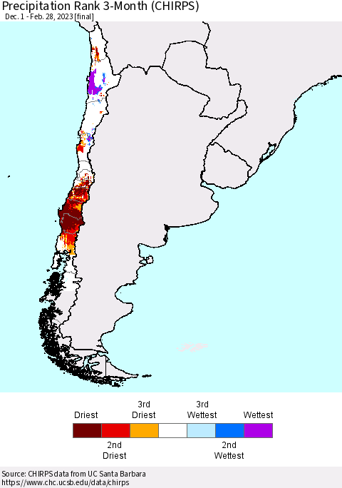 Chile Precipitation Rank since 1981, 3-Month (CHIRPS) Thematic Map For 12/1/2022 - 2/28/2023