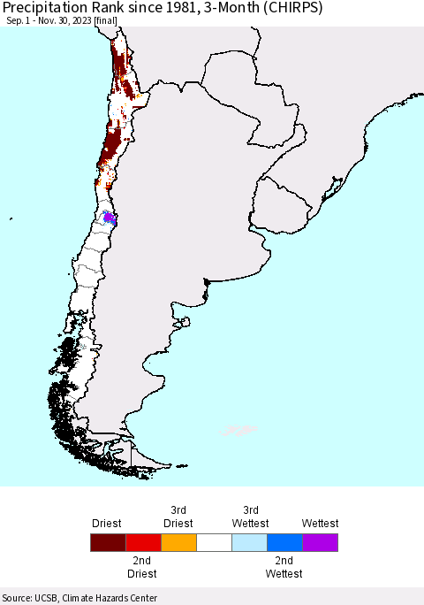 Chile Precipitation Rank since 1981, 3-Month (CHIRPS) Thematic Map For 9/1/2023 - 11/30/2023