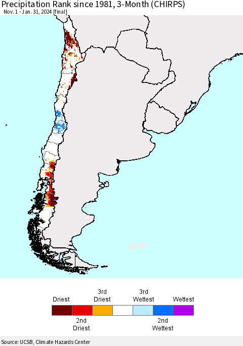 Chile Precipitation Rank since 1981, 3-Month (CHIRPS) Thematic Map For 11/1/2023 - 1/31/2024