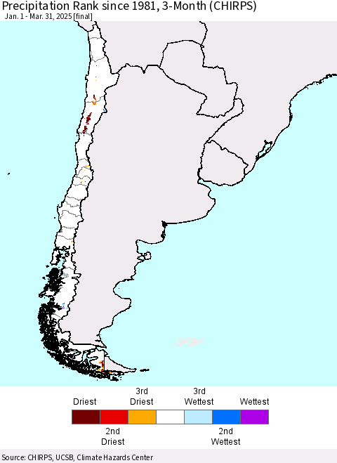 Chile Precipitation Rank since 1981, 3-Month (CHIRPS) Thematic Map For 1/1/2025 - 3/31/2025
