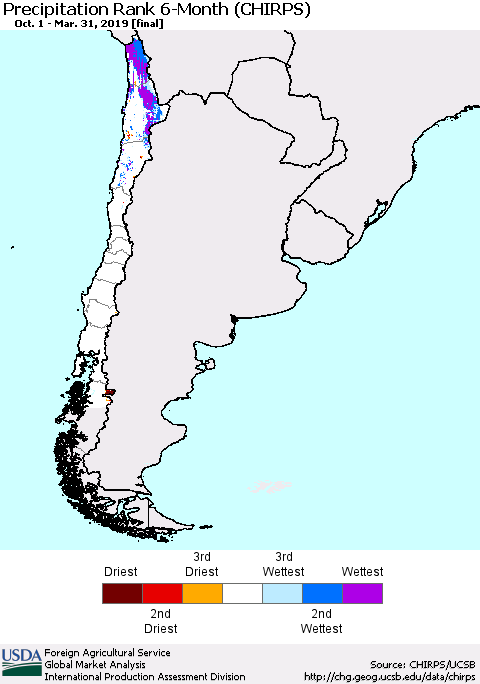 Chile Precipitation Rank since 1981, 6-Month (CHIRPS) Thematic Map For 10/1/2018 - 3/31/2019