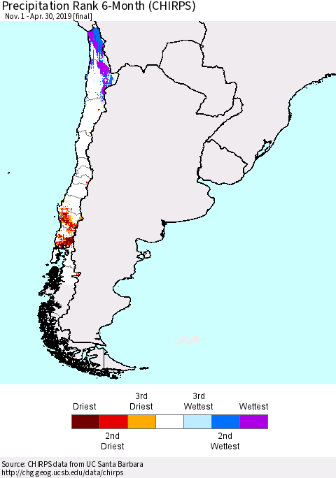 Chile Precipitation Rank since 1981, 6-Month (CHIRPS) Thematic Map For 11/1/2018 - 4/30/2019