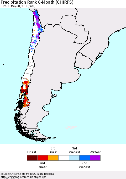 Chile Precipitation Rank since 1981, 6-Month (CHIRPS) Thematic Map For 12/1/2018 - 5/31/2019