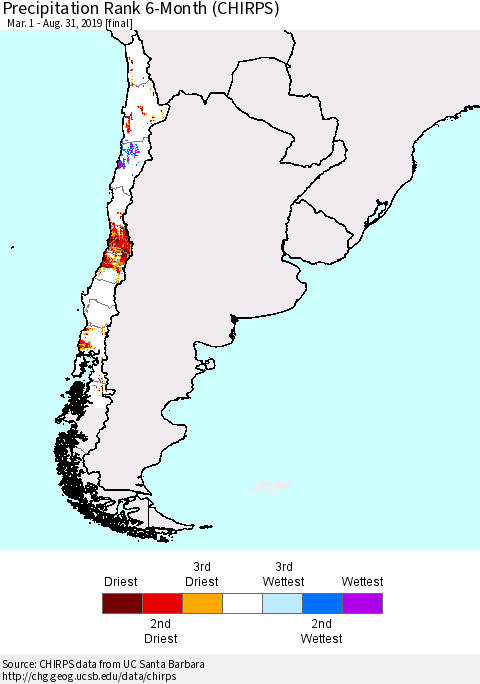 Chile Precipitation Rank since 1981, 6-Month (CHIRPS) Thematic Map For 3/1/2019 - 8/31/2019