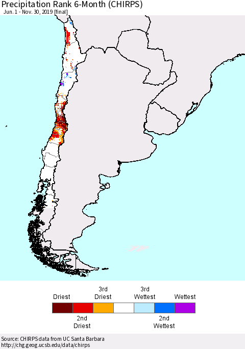 Chile Precipitation Rank since 1981, 6-Month (CHIRPS) Thematic Map For 6/1/2019 - 11/30/2019