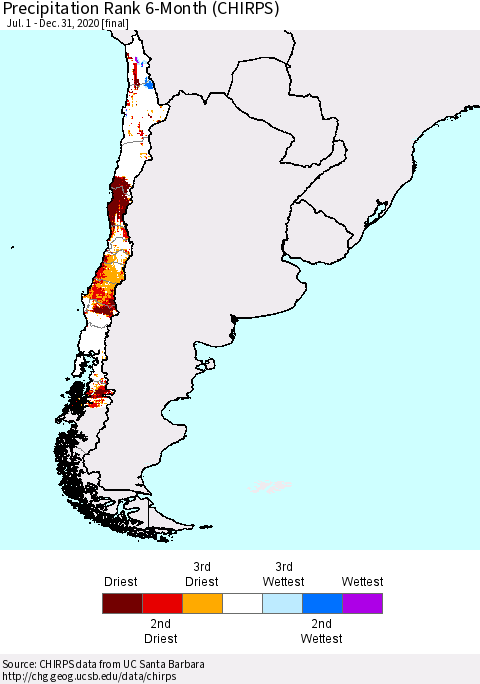 Chile Precipitation Rank 6-Month (CHIRPS) Thematic Map For 7/1/2020 - 12/31/2020