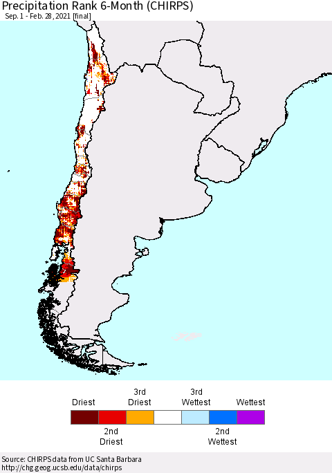 Chile Precipitation Rank since 1981, 6-Month (CHIRPS) Thematic Map For 9/1/2020 - 2/28/2021