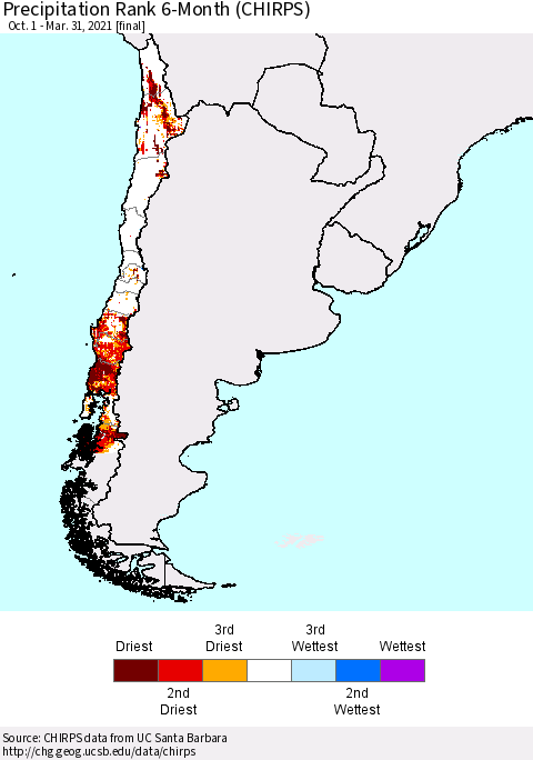 Chile Precipitation Rank 6-Month (CHIRPS) Thematic Map For 10/1/2020 - 3/31/2021