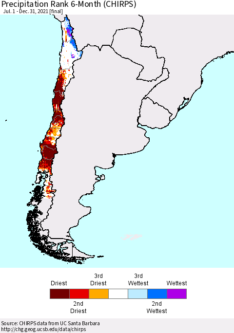 Chile Precipitation Rank 6-Month (CHIRPS) Thematic Map For 7/1/2021 - 12/31/2021