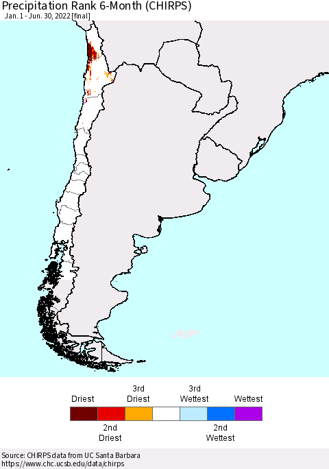 Chile Precipitation Rank since 1981, 6-Month (CHIRPS) Thematic Map For 1/1/2022 - 6/30/2022