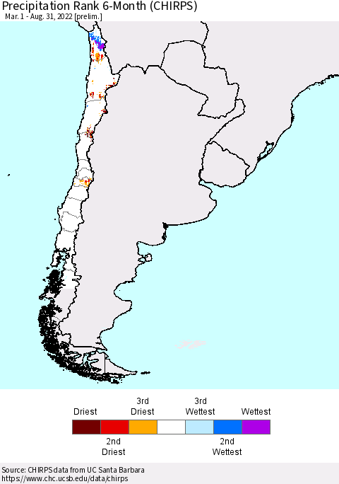 Chile Precipitation Rank 6-Month (CHIRPS) Thematic Map For 3/1/2022 - 8/31/2022