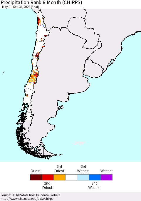 Chile Precipitation Rank since 1981, 6-Month (CHIRPS) Thematic Map For 5/1/2022 - 10/31/2022