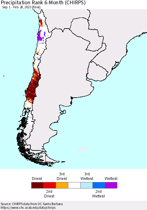 Chile Precipitation Rank 6-Month (CHIRPS) Thematic Map For 9/1/2022 - 2/28/2023