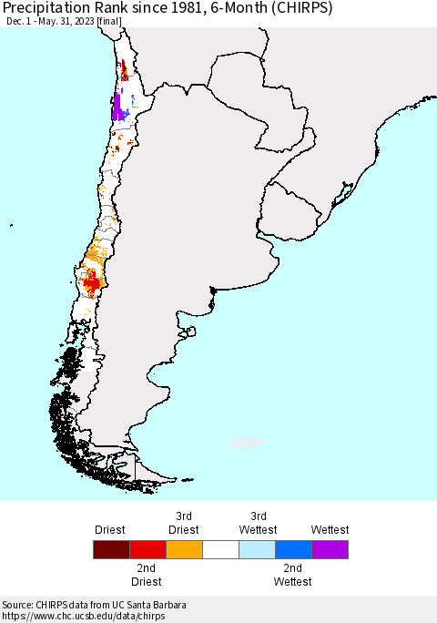 Chile Precipitation Rank since 1981, 6-Month (CHIRPS) Thematic Map For 12/1/2022 - 5/31/2023