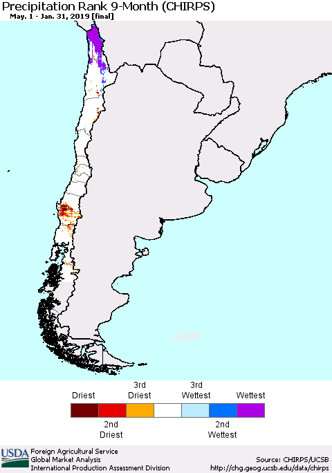 Chile Precipitation Rank since 1981, 9-Month (CHIRPS) Thematic Map For 5/1/2018 - 1/31/2019
