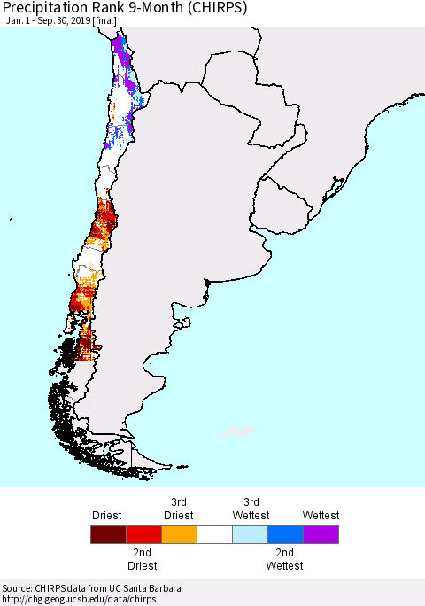 Chile Precipitation Rank since 1981, 9-Month (CHIRPS) Thematic Map For 1/1/2019 - 9/30/2019