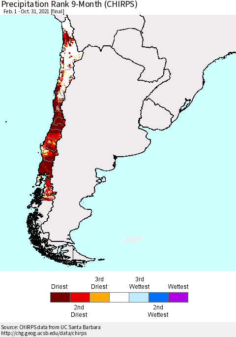 Chile Precipitation Rank since 1981, 9-Month (CHIRPS) Thematic Map For 2/1/2021 - 10/31/2021