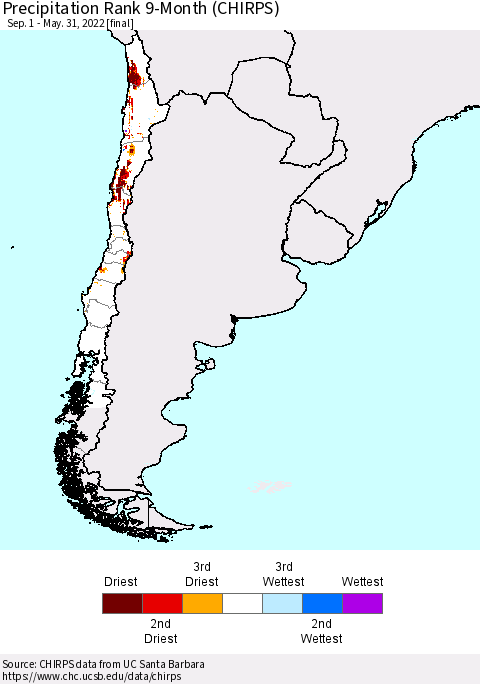 Chile Precipitation Rank since 1981, 9-Month (CHIRPS) Thematic Map For 9/1/2021 - 5/31/2022