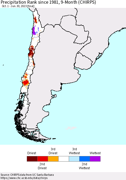 Chile Precipitation Rank since 1981, 9-Month (CHIRPS) Thematic Map For 10/1/2022 - 6/30/2023