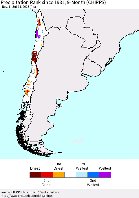 Chile Precipitation Rank since 1981, 9-Month (CHIRPS) Thematic Map For 11/1/2022 - 7/31/2023